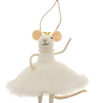  Indaba Snow Princess Mouse ornament in soft wool felt, wearing a glittery white dress and silver crown. A whimsical winter holiday decoration. Available at Be Charmed.