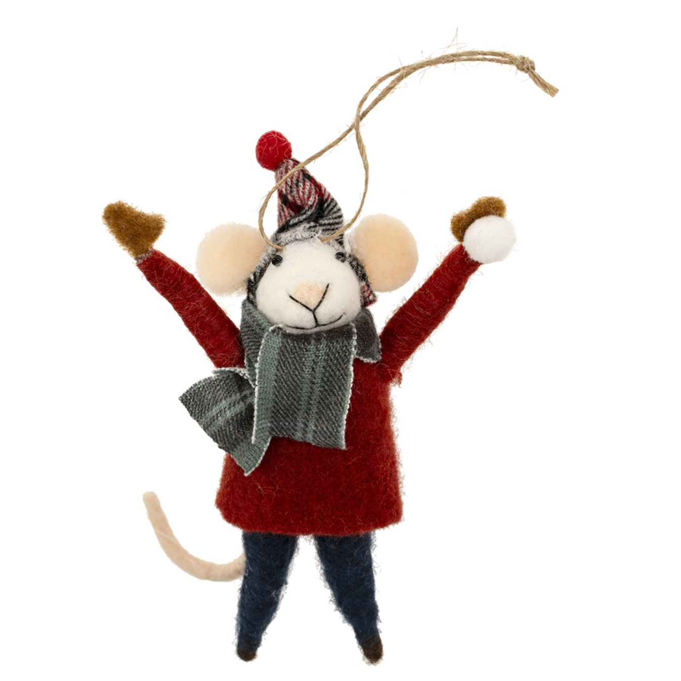 Indaba Snowball Spencer Mouse Ornament – felted wool & polyester mouse wearing snowball-themed winter outfit, approx. 5″ tall, stands or hangs by wire tail. Available at Be Charmed