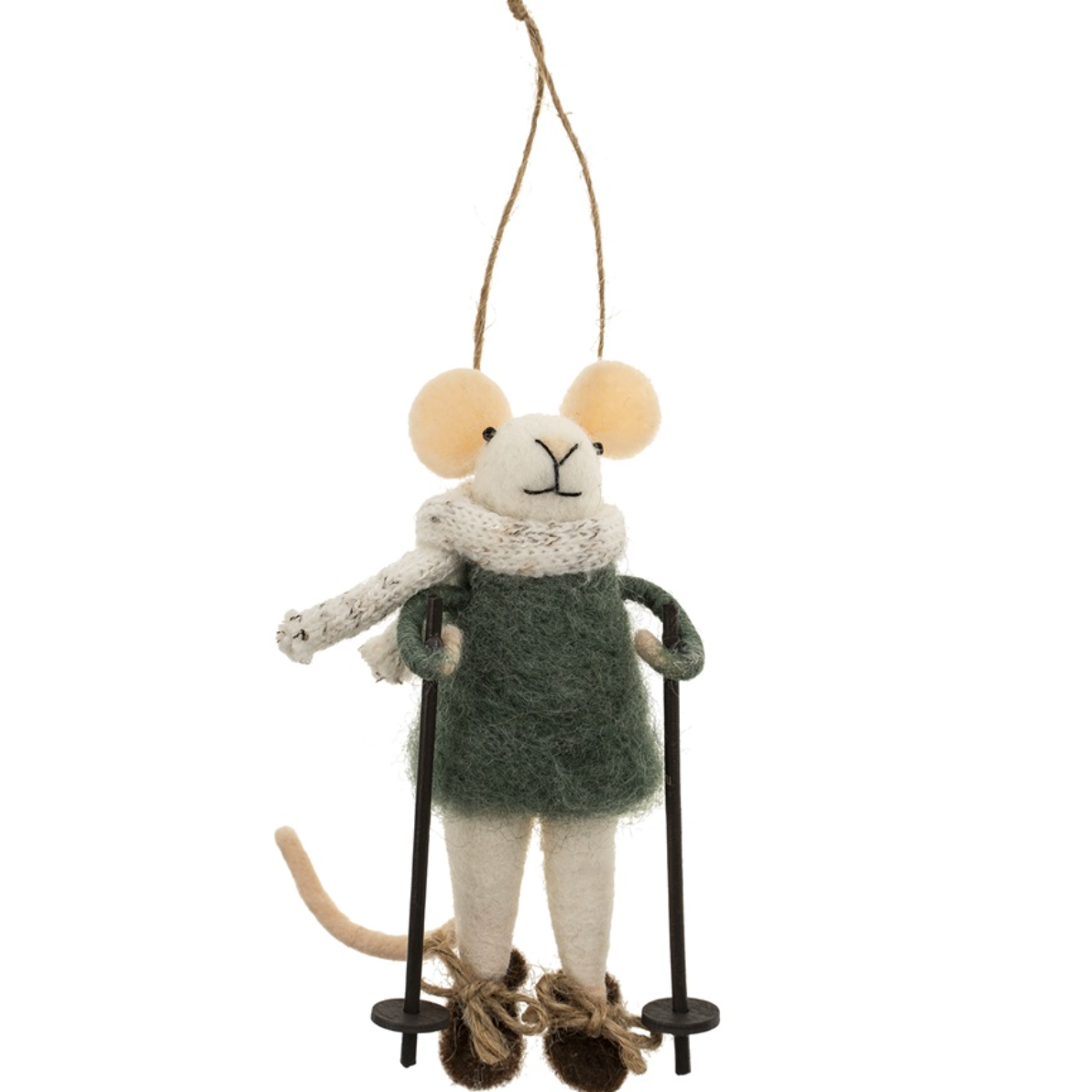 Indaba Snowshoe Silas Mouse Ornament – felted wool & polyester mouse dressed in green snowshoe attire with snowshoes, approx 5″ tall. Available at Be Charmed