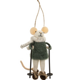 Indaba Snowshoe Silas Mouse Ornament – felted wool & polyester mouse dressed in green snowshoe attire with snowshoes, approx 5″ tall. Available at Be Charmed