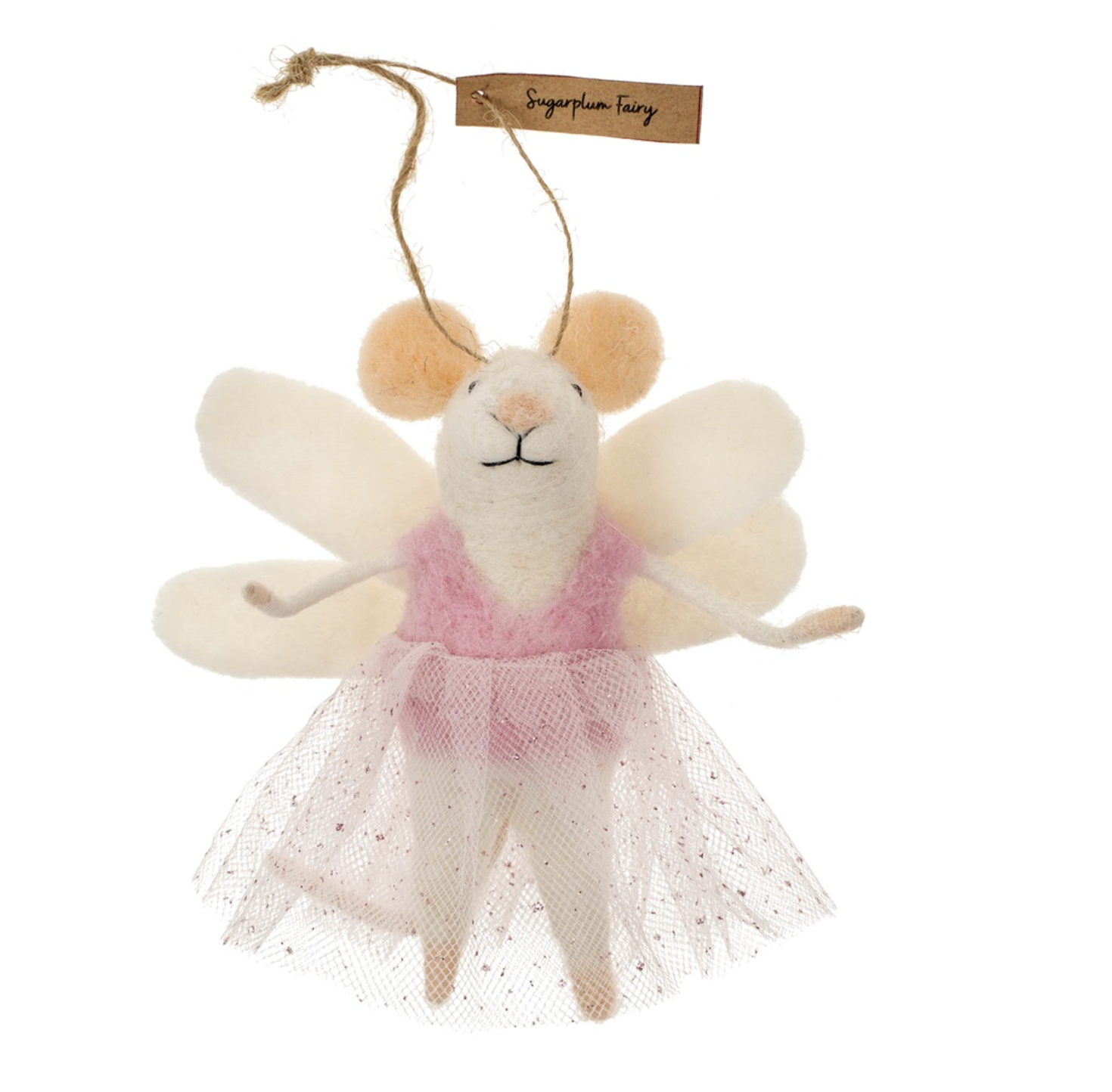 Indaba Sugarplum Fairy Mouse Ornament – felted wool & polyester mouse wearing a pastel tutu and fairy wings, about 4.25″ high. Charming holiday decor or gift. Available at Be Charmed