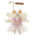 Indaba Sugarplum Fairy Mouse Ornament – felted wool & polyester mouse wearing a pastel tutu and fairy wings, about 4.25″ high. Charming holiday decor or gift. Available at Be Charmed