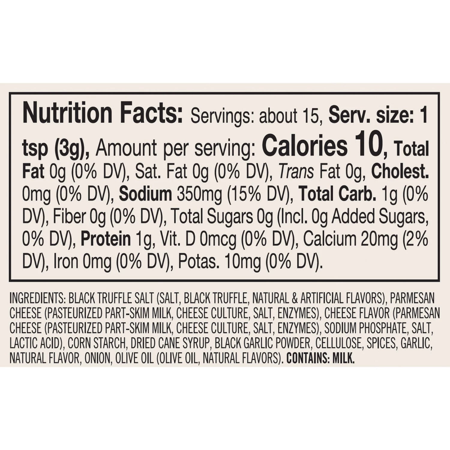 Nutrition facts label for Truffle Parmesan + Black Garlic Seasoning with detailed information on calories, ingredients, and nutritional values.