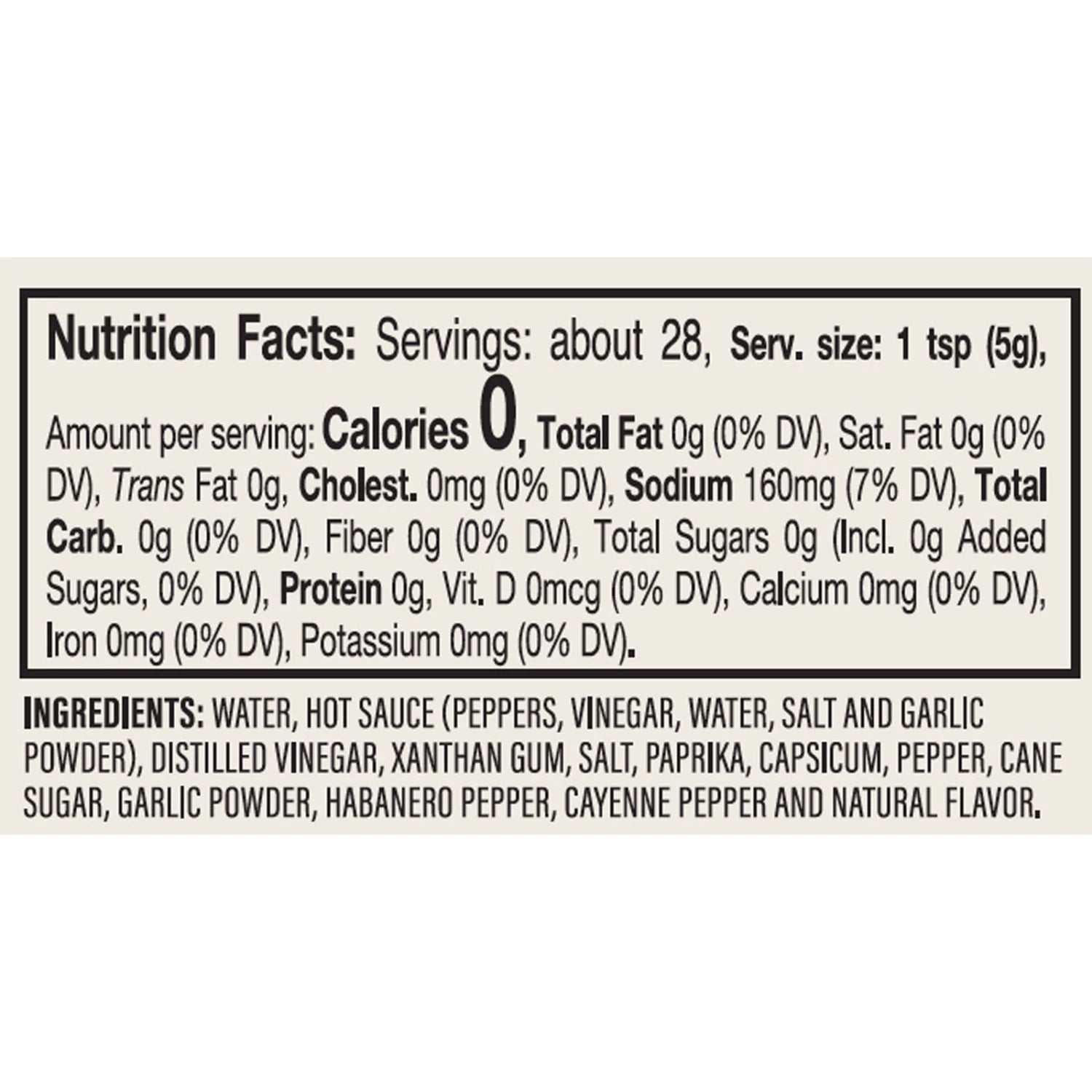 Nutrition facts label and ingredients list for fire roasted hot sauce. Available at Be Charmed