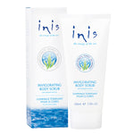 Inis body scrub in a white tube with blue and green design elements, indicating it is a marine plant-based body scrub. Available at Be Charmed