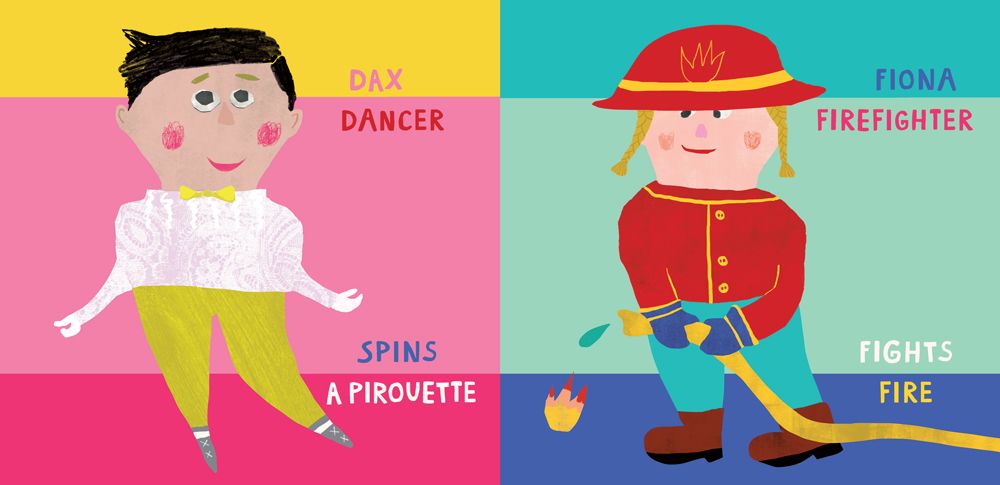 Illustrations of a dancer and a firefighter on a colorful background with labels. Available at Be Charmed