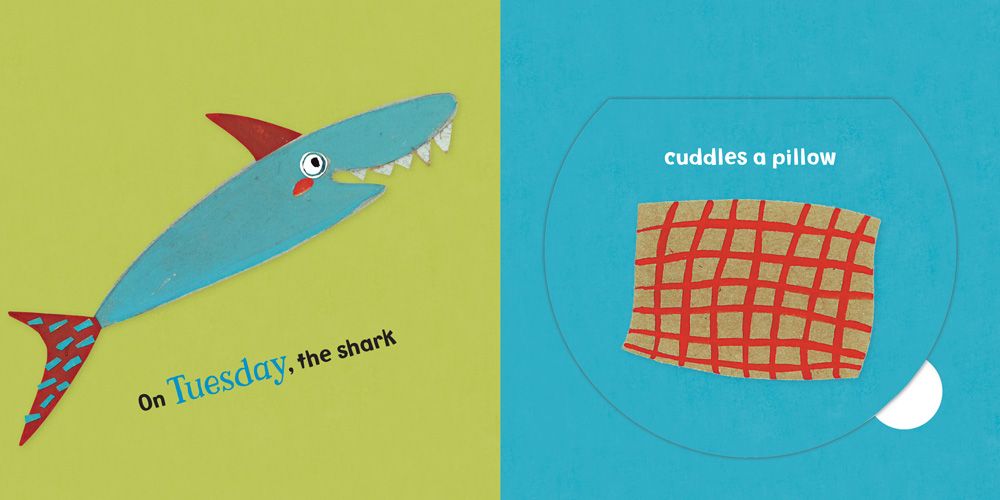Illustration of a shark and a pillow on a green and blue background. Available at Be Charmed