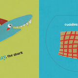 Illustration of a shark and a pillow on a green and blue background. Available at Be Charmed