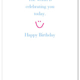 Inside of Be Charmed birthday card “Girl in Striped Socks” – whimsical illustration of a girl wearing colorful striped socks, playful design perfect for celebrating birthdays, available at Be Charmed.