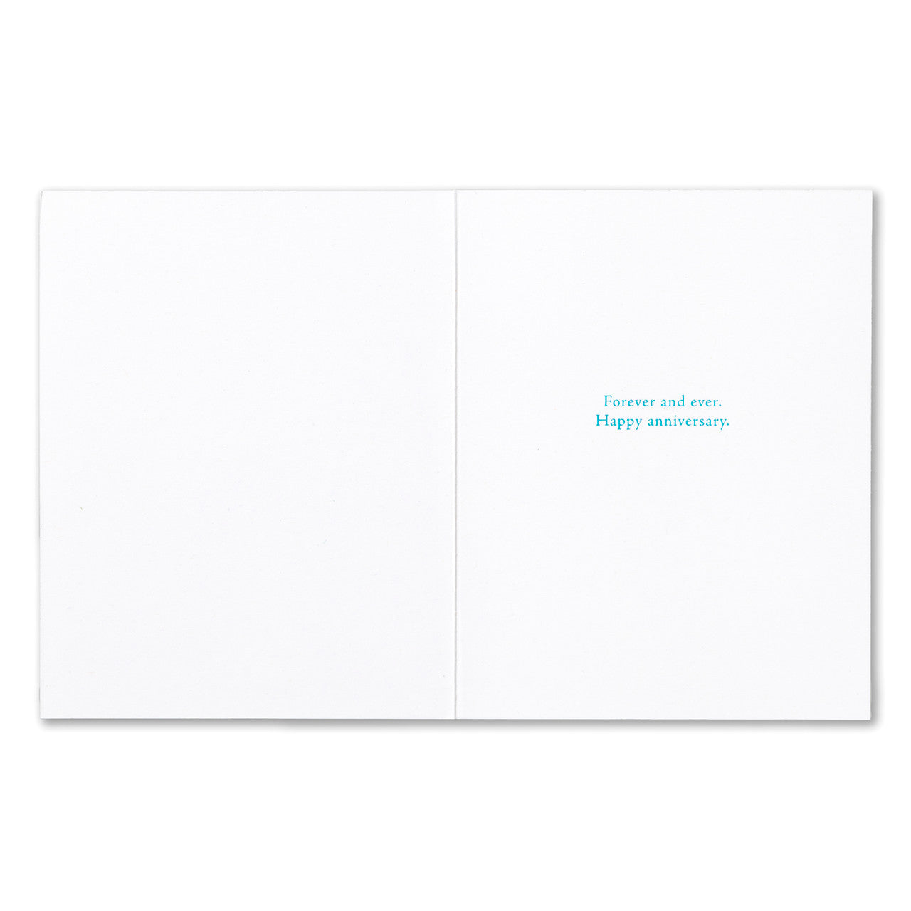 White card with 'Forever and ever. Happy anniversary.' text in blue on a white background. Available at Be Charmed