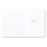 White card with 'Forever and ever. Happy anniversary.' text in blue on a white background. Available at Be Charmed