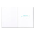 White card with blue text 'Happy birthday, May the year ahead hold the most wonderful adventures.' Available at Be Charmed