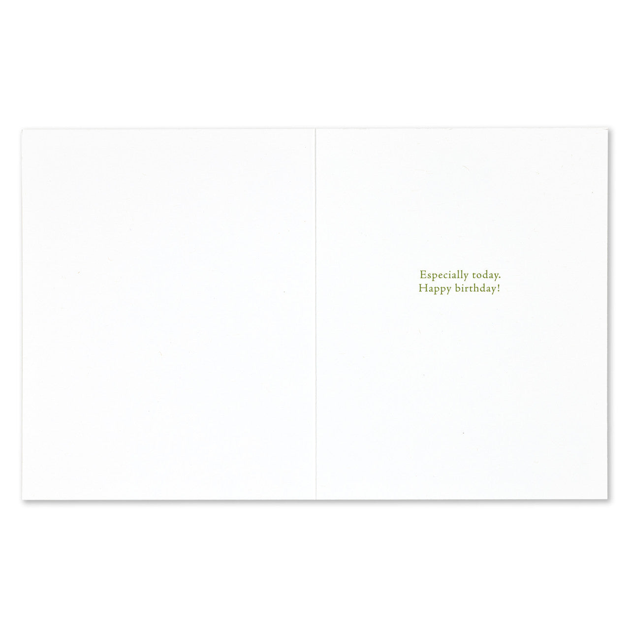 White card with 'Especially today. Happy birthday!' text in green on a white background. Available at Be Charmed