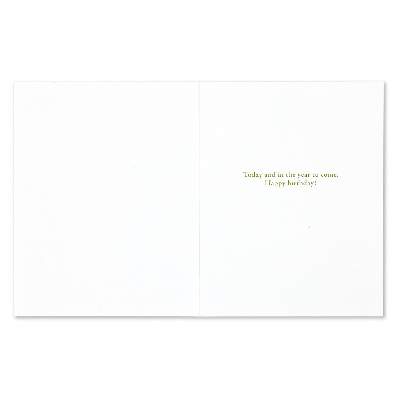 White card with yellow text 'Today and in the year to come, Happy birthday!' on a white background. Available at Be Charmed
