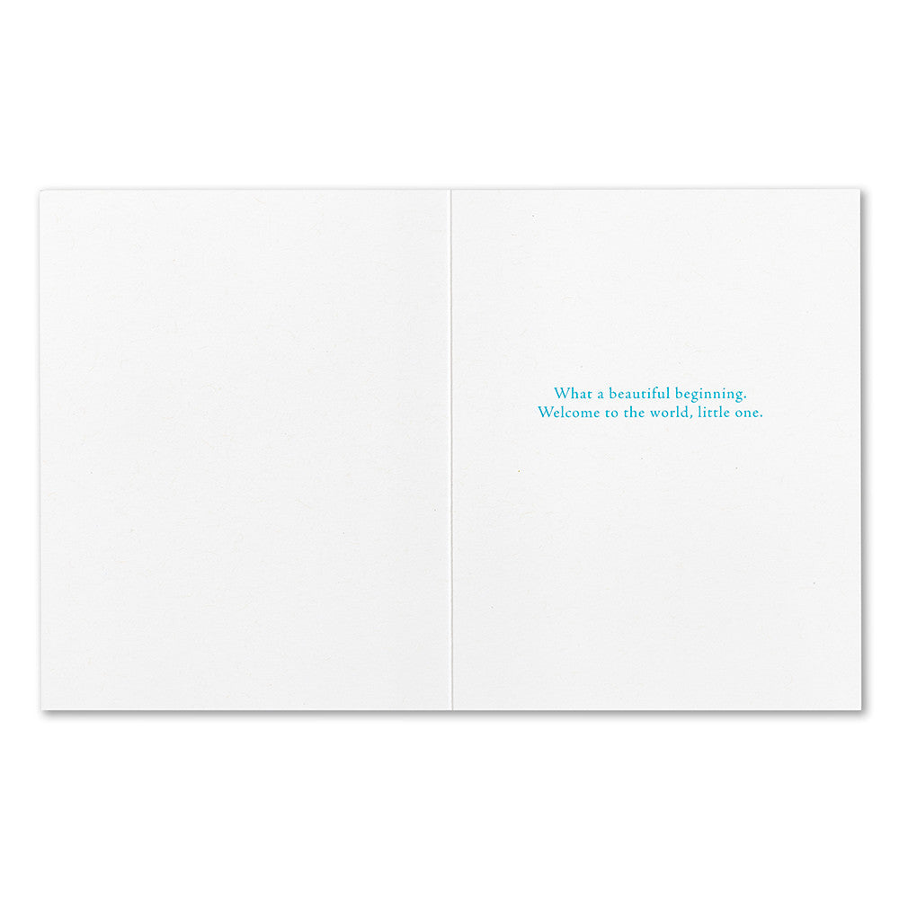 White card with blue text on a white background. Available at Be Charmed
