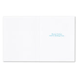White card with blue text on a white background. Available at Be Charmed