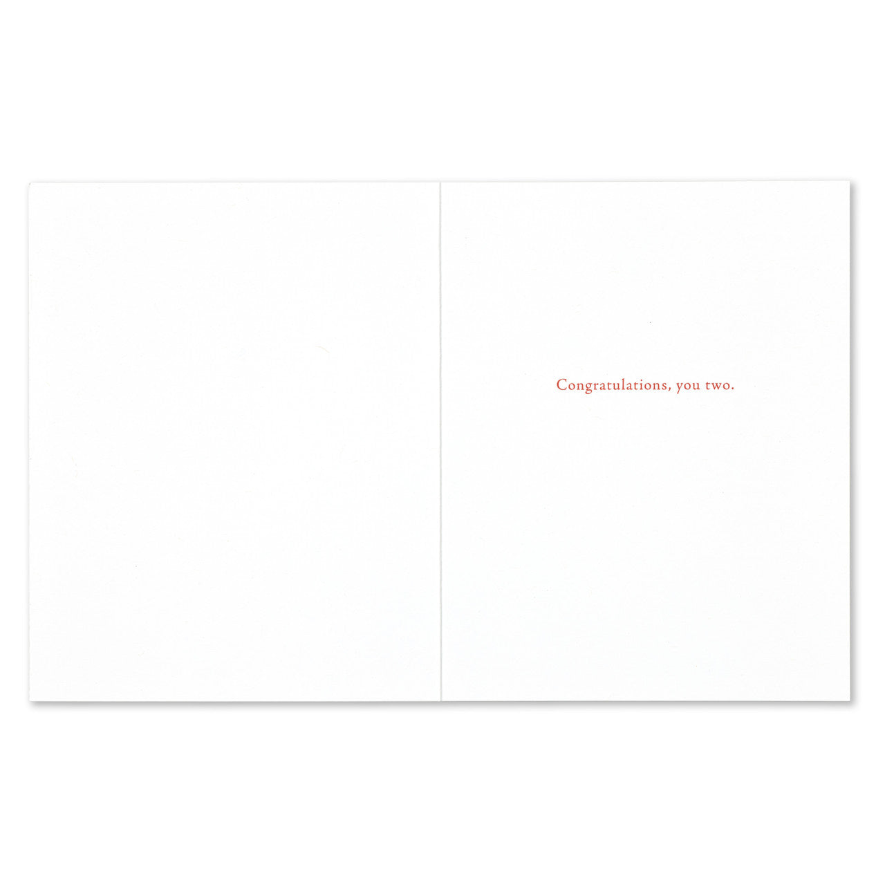 White card with red text 'Congratulations, you two.' on a white background. Available at Be Charmed