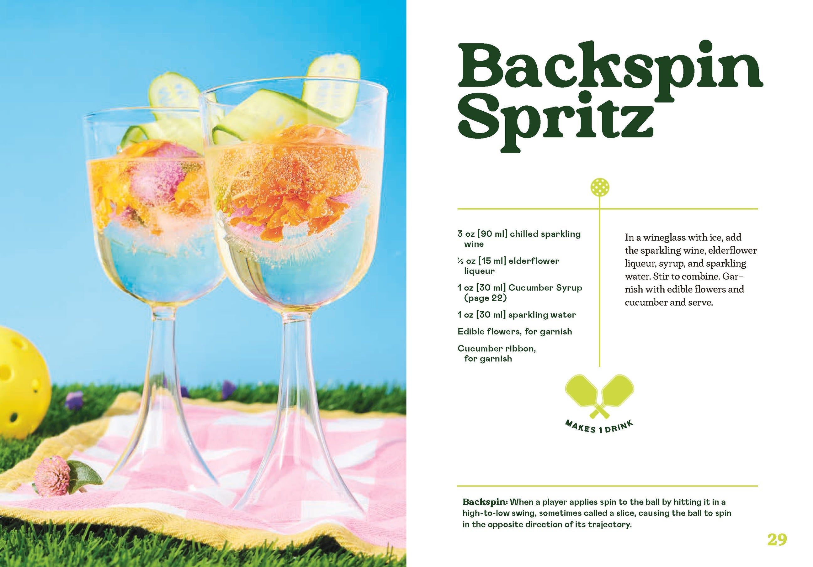 Two wine glasses with colorful drinks and garnishes on a grassy background, with text about 'Backspin Spritz' recipe. Available at Be Charmed