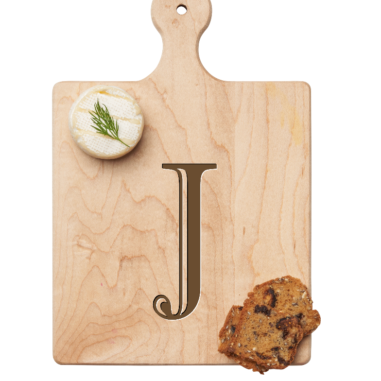 Maple Leaf 9x6 Initial Board J with Spreader. Personalized wooden serving board with monogram design. Perfect gift. Available at Be Charmed.