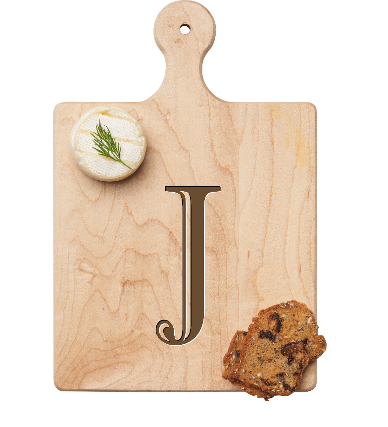 Maple Leaf 9x6 Initial Board J with Spreader. Personalized wooden serving board with monogram design. Perfect gift. Available at Be Charmed.