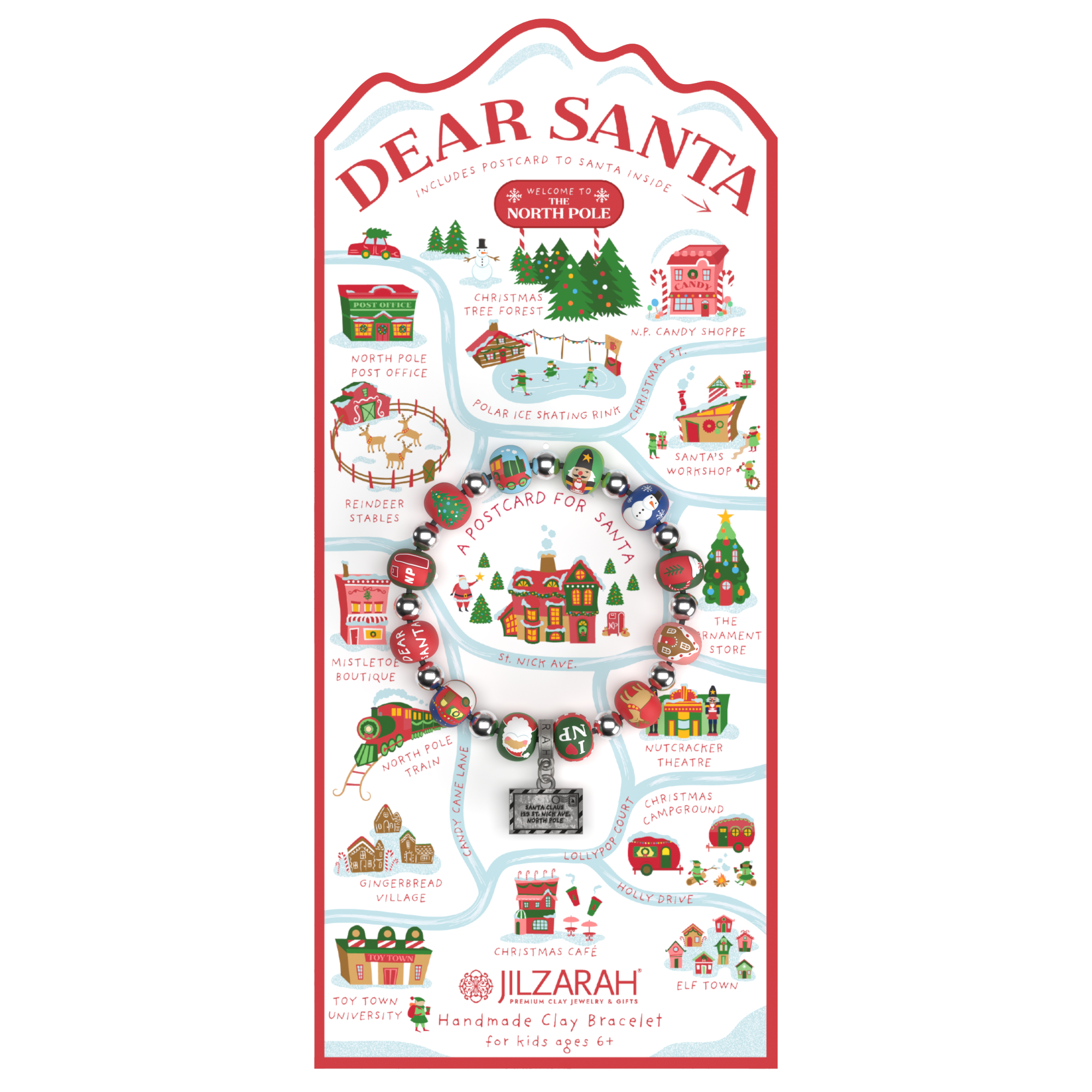 Illustrated map of the North Pole with Santa Claus' workshop, with a Dear Santa Bracelet. Available at Be Charmed
