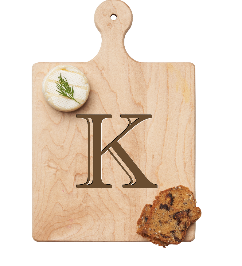 Maple Leaf 9x6 Initial Board k with Spreader. Personalized wooden serving board with monogram design. Perfect gift. Available at Be Charmed.
