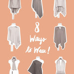 Mannequin display with gray poncho and scarf, featuring '8 Ways to Wear' text on a peach background.