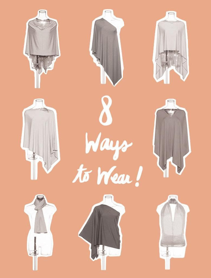 Mannequin display with gray poncho and scarf, featuring '8 Ways to Wear' text on a peach background.