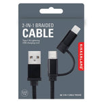 Kikkerland Design Black 2-in-1 Braided Cable – durable dual-connector USB charging cable for phones and devices. Available at Be Charmed