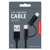 Kikkerland Design Black 2-in-1 Braided Cable – durable dual-connector USB charging cable for phones and devices. Available at Be Charmed
