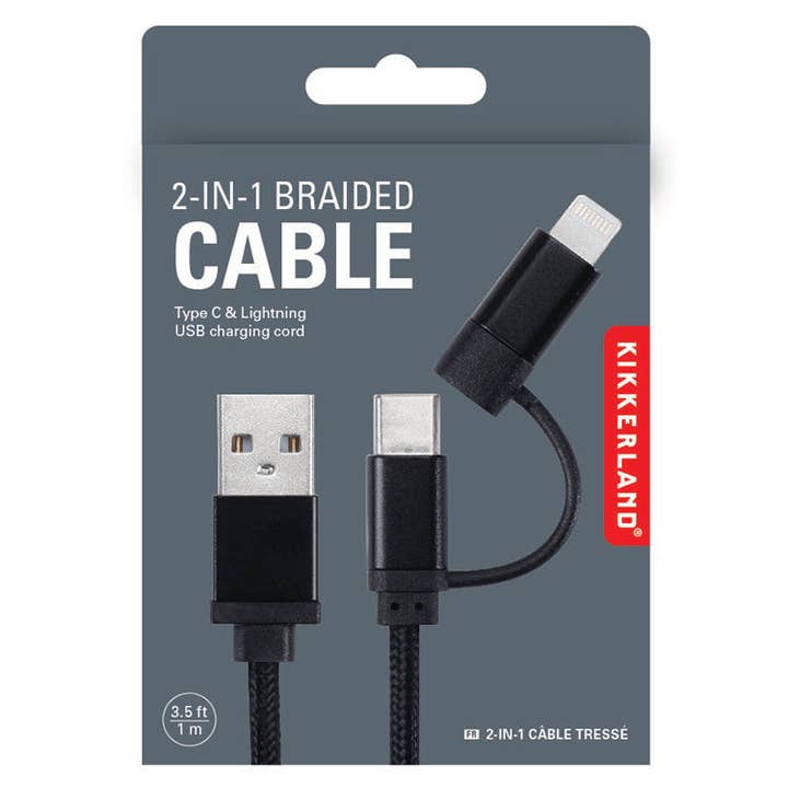 Kikkerland Design Black 2-in-1 Braided Cable – durable dual-connector USB charging cable for phones and devices. Available at Be Charmed