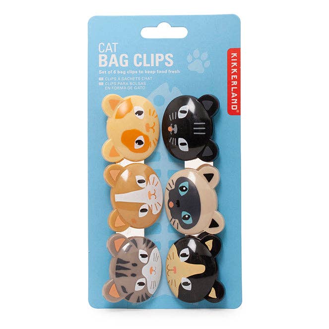Kikkerland Design Cat Bag Clips – set of 6 cute cat-shaped clips for sealing snack bags and adding fun to the kitchen. Available at Be Charmed