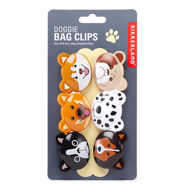 Kikkerland Design Doggie Bag Clips – set of 6 playful dog-shaped clips for sealing snack bags and adding fun to the kitchen. Available at Be Charmed