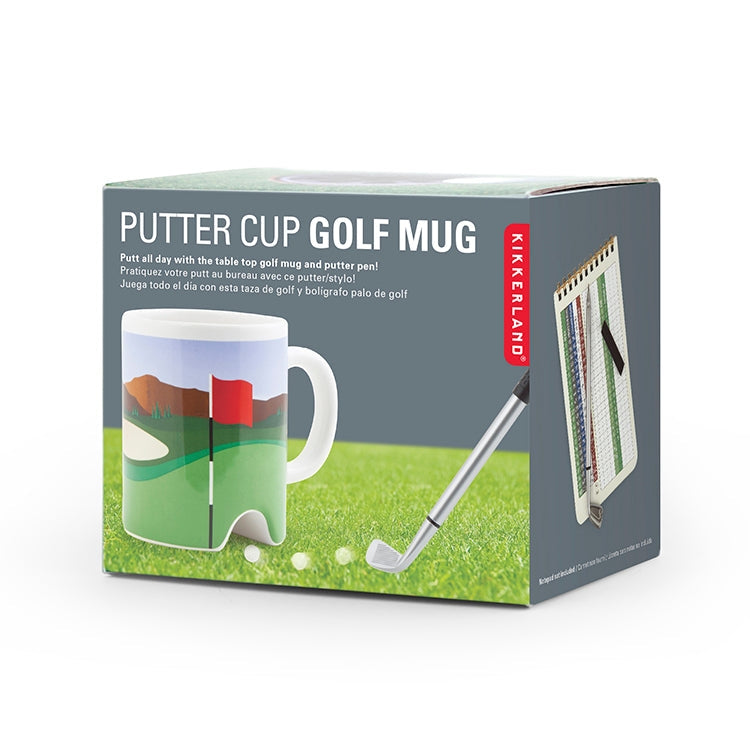 Kikkerland Design Golf Mug – novelty coffee mug with mini putter and golf ball, perfect gift for golfers. Available at Be Charmed