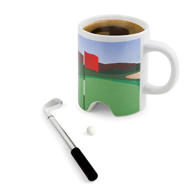 Golf-themed mug with a golf club and ball on a white background. Available at Be Charmed.  