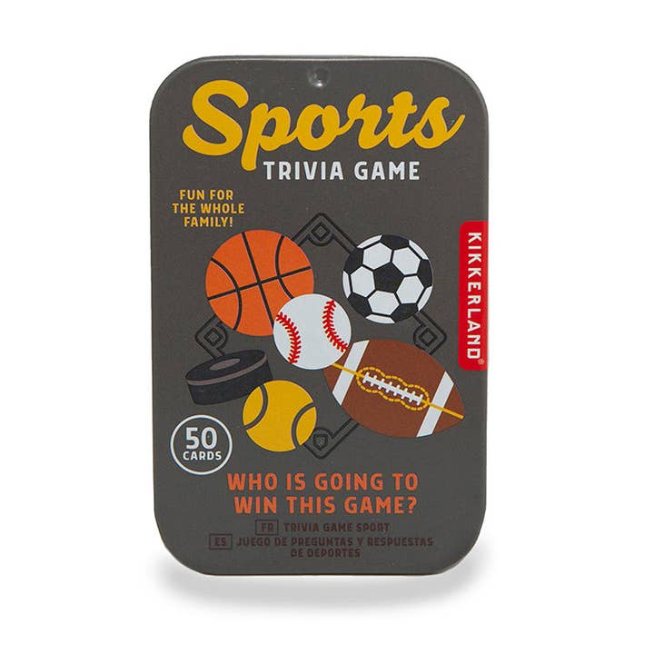 Sports trivia game packaging with various sports balls on a white background. Available at Be Charmed. 