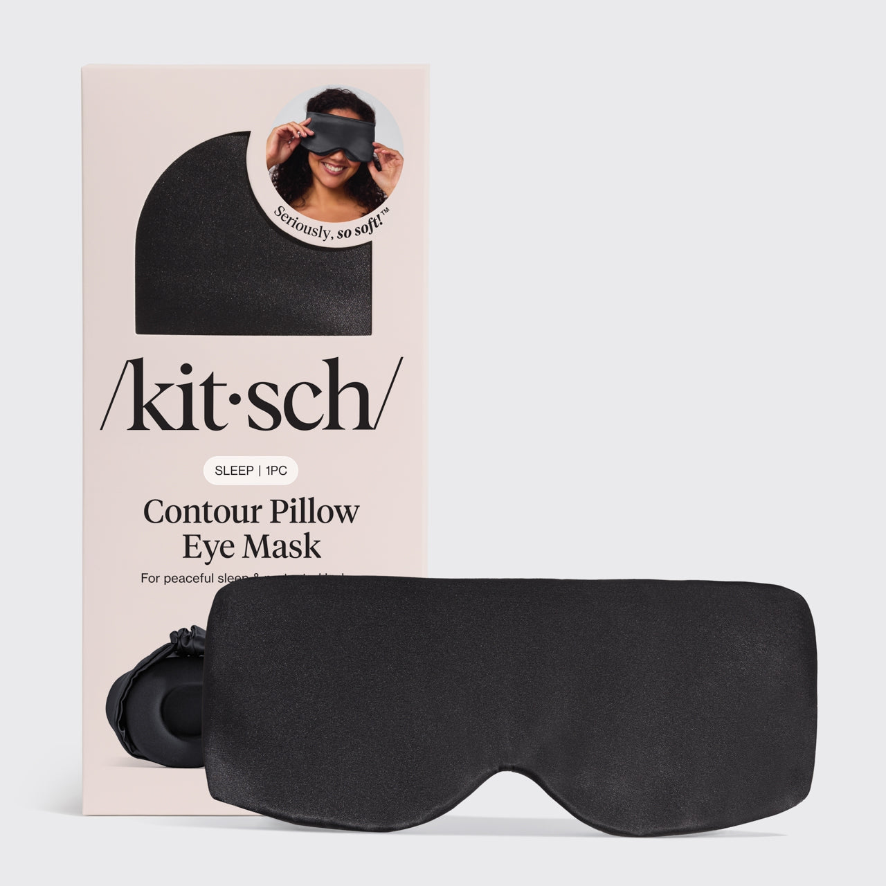 Charcoal contour pillow eye mask with 'kitsch' packaging on a light gray background. Available at Be Charmed