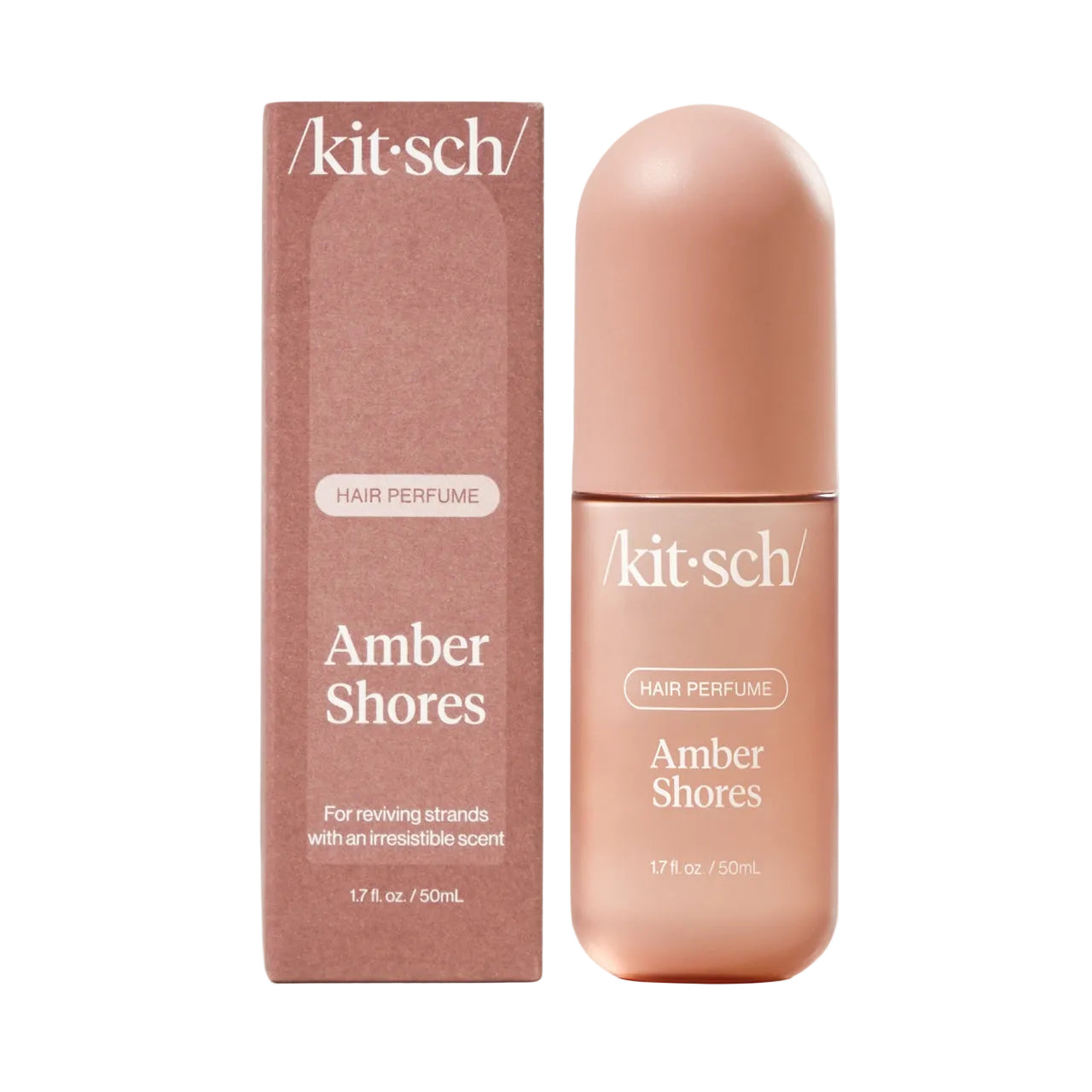 Kit-sch Amber Shores hair perfume bottle and packaging on a white background. Available at Be Charmed