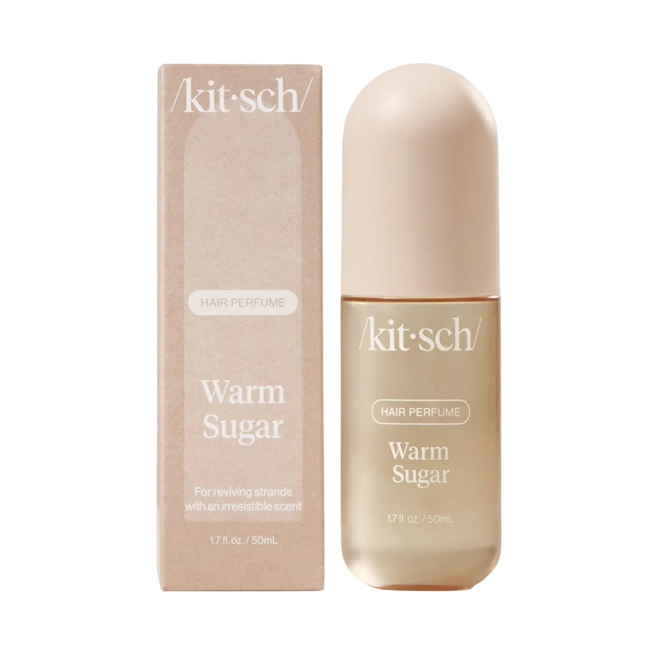 Kit-sch Warm Sugar hair perfume bottle and packaging on a white background. Available at Be Charmed