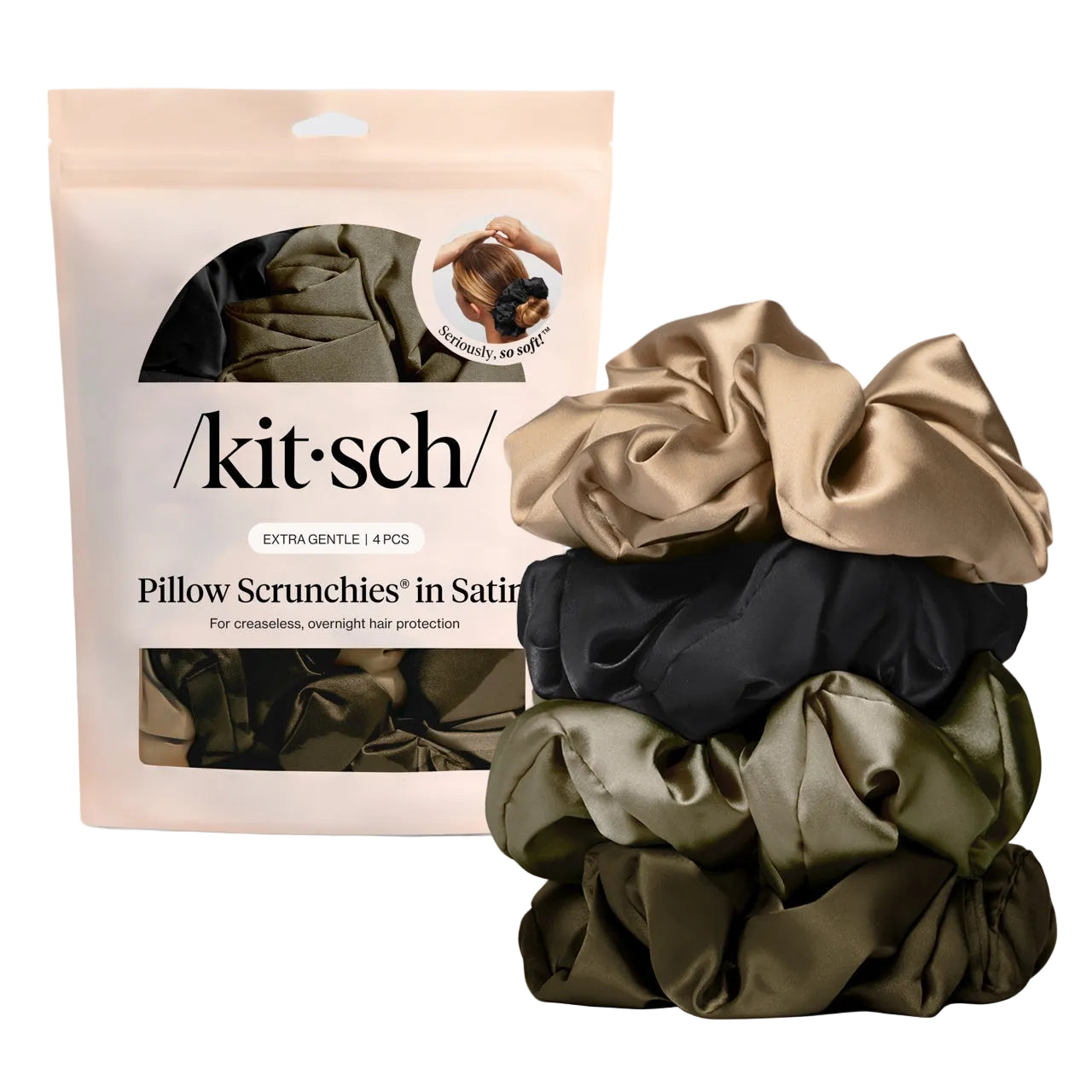 Kitsch pillow scrunchies in satin packaging on a white background. Available at Be Charmed