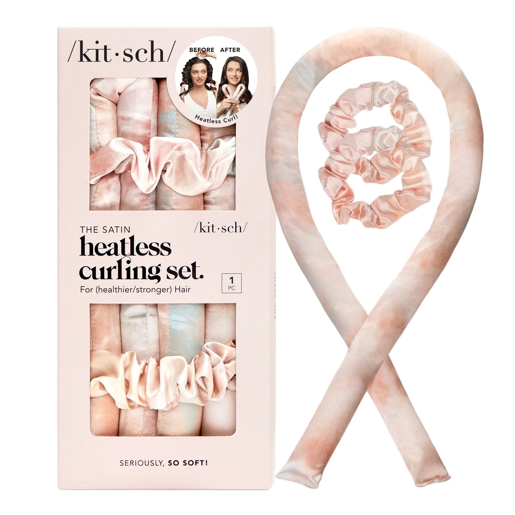 Kitsch satin heatless curling set with packaging on a white background. Be Charmed