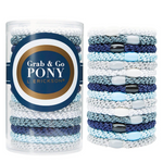 A clear plastic tube packaging containing Atlantic multiple blue and brown grab & go ponytail holders by L. Erickson. Available at Be Charmed