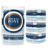 A clear plastic tube packaging containing Atlantic multiple blue and brown grab & go ponytail holders by L. Erickson. Available at Be Charmed