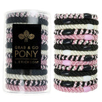 Set of colorful hair ties with a cylindrical container labeled 'Grab & Go Pony L Erickson' on a white background. Available at Be Charmed