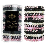 Set of colorful hair ties with a cylindrical container labeled 'Grab & Go Pony L Erickson' on a white background. Available at Be Charmed