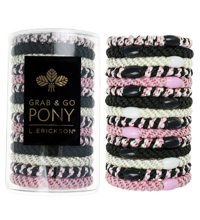 Set of colorful hair ties with a cylindrical container labeled 'Grab & Go Pony L Erickson' on a white background. Available at Be Charmed