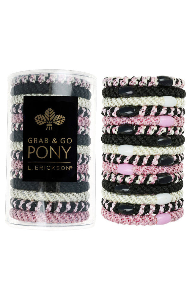Set of colorful hair ties with a cylindrical container labeled 'Grab & Go Pony L Erickson' on a white background. Available at Be Charmed