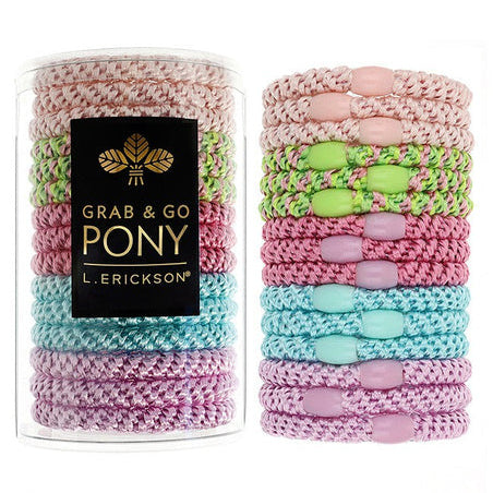 A clear tube containing Cabana ponytail holders with ornamental oval beads, labeled 'Grab & Go Pony' by L. Erickson.