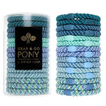 L. Erickson Grab & Go Pony Tube in Corsica. Set of 15 no-damage ponytail holders in coastal blues and sandy tones. Available at Be Charmed.