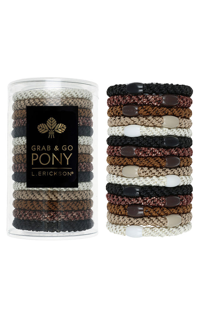 L. Erickson Grab & Go Pony Tube in Daily Neutral. Set of 15 no-damage ponytail holders in soft, neutral tones. Available at Be Charmed.